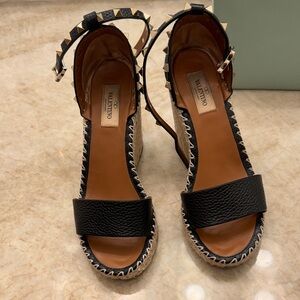 Valentino Black Leather Rockstud Espadrille Wedge Sandals with size 37